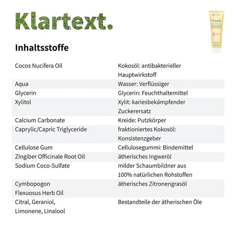 Niyok Zahncreme aus Kokosöl - Zitronengras & Ingwer Bio 75ml