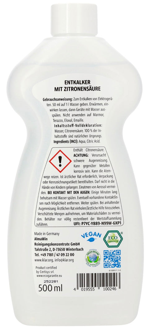 Klar Entkalker mit Zitronensäure 500ml