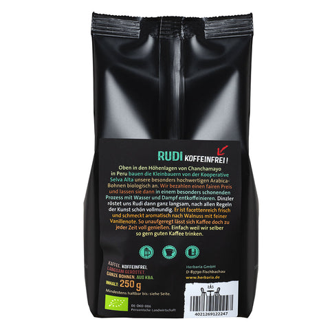 Herbaria Kaffee Rudi entkoffeiniert 250g ganze Bohne Bio
