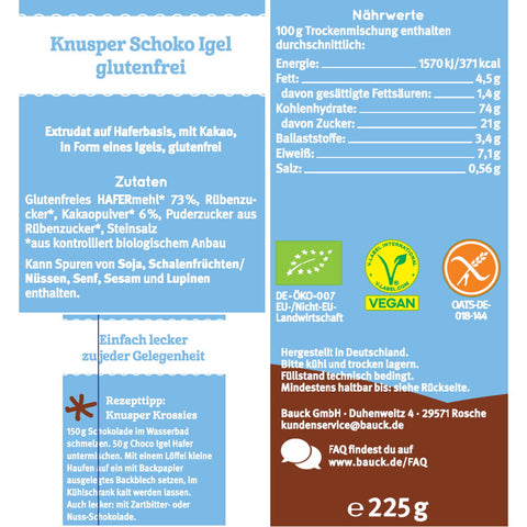 Bauck Mühle Bio Knusper Choco Igel Hafer (225g) glutenfrei