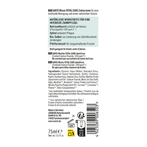 Sante Naturkosmetik Total Care Zahncreme Minze Bio 75ml