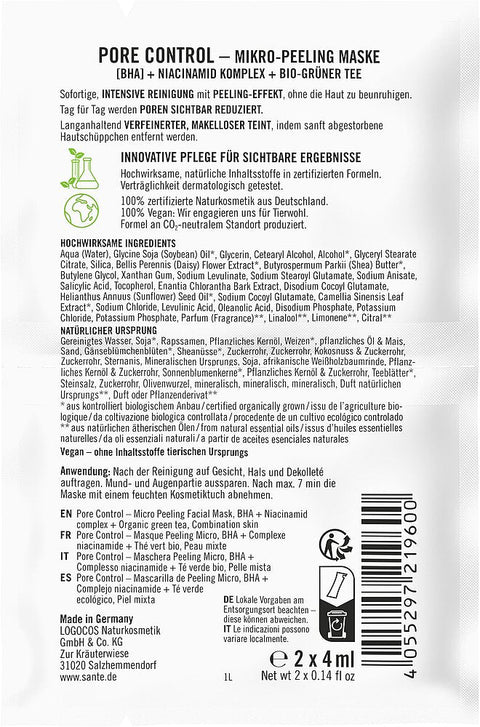Sante Naturkosmetik Pore Control Mikro-Peeling Maske Bio 2x4ml