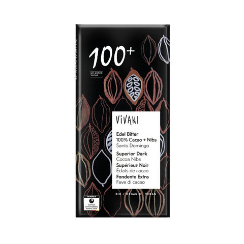 Vivani Edel Bitter 100% + Nibs Schokolade 80g Bio